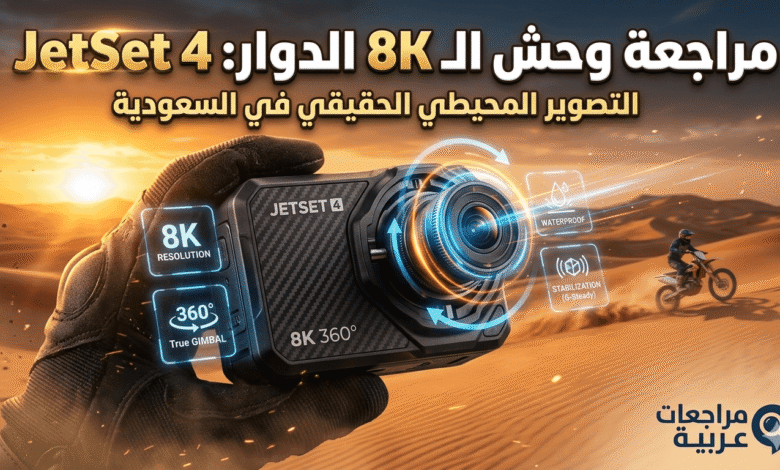 صورة بارزة احترافية لمقال مراجعة كاميرا الأكشن JetSet 4، تعرض واجهة هولوغرافية لميزات الكاميرا: دقة 8K، دوران 360 درجة حقيقي، نظام تثبيت G-Steady، مع ظهور لشعار مدونة مراجعات عربية في خلفية صحراوية سعودية.