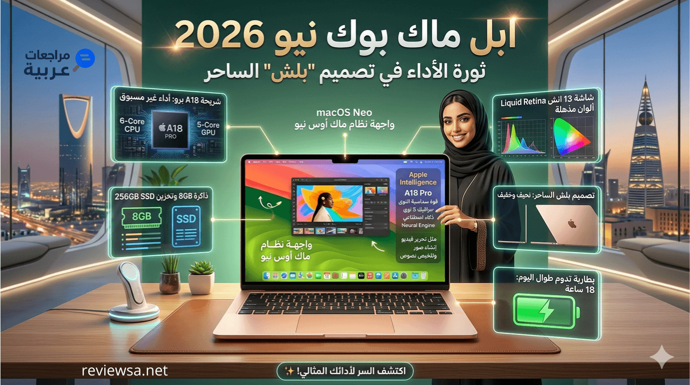 صورة بارزة احترافية لجهاز ابل ماك بوك نيو 2026 بلون بلش الساحر، مفتوحاً ومحاطاً بواجهات هولوغرافية مضيئة تعرض مواصفات شريحة A18 برو، شاشة 13 انش، وذاكرة 8GB، مع إطلالة على أفق الرياض المستقبلي.