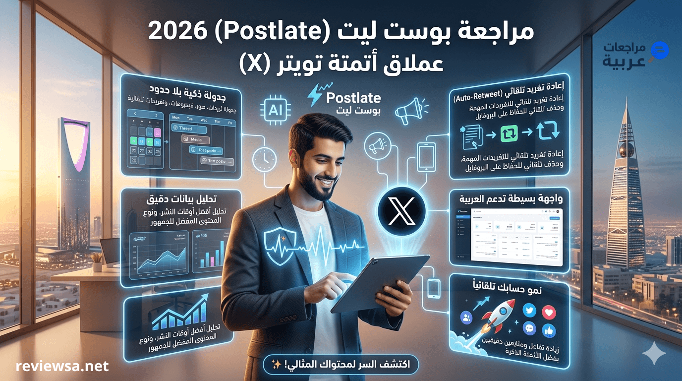 صورة بارزة احترافية لمنصة بوست ليت (Postlate) 2026 تظهر واجهة أتمتة ذكية لجدولة تغريدات X (تويتر)، مع أيقونات لتحليل البيانات وإعادة التغريد التلقائي، في بيئة عمل عصرية مطلة على برج المملكة بالرياض.