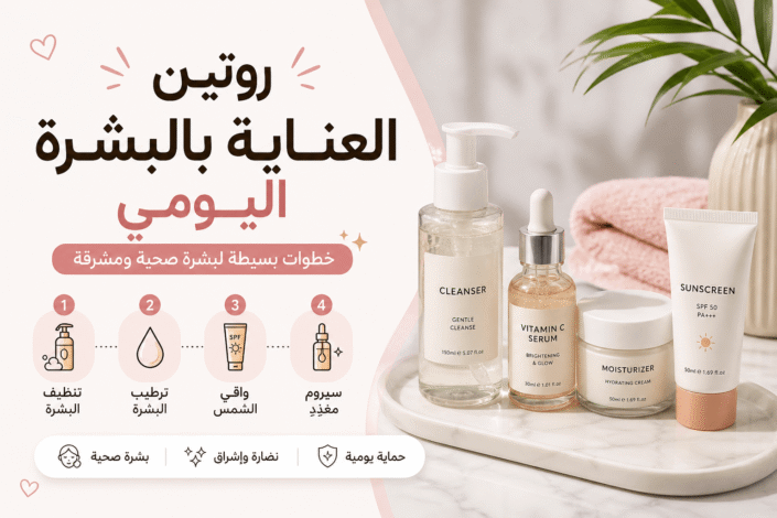روتين العناية بالبشرة اليومي باستخدام غسول وسيروم ومرطب وواقي شمس لبشرة صحية ومشرقة