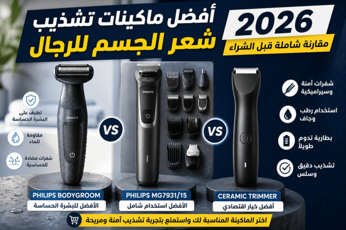 مقارنة بين أفضل ماكينات تشذيب شعر الجسم للرجال 2026 من فيليبس وأجهزة أخرى، تشمل Bodygroom وMG7931 مع مميزات مثل مقاومة الماء وشفرات آمنة للبشرة الحساسة